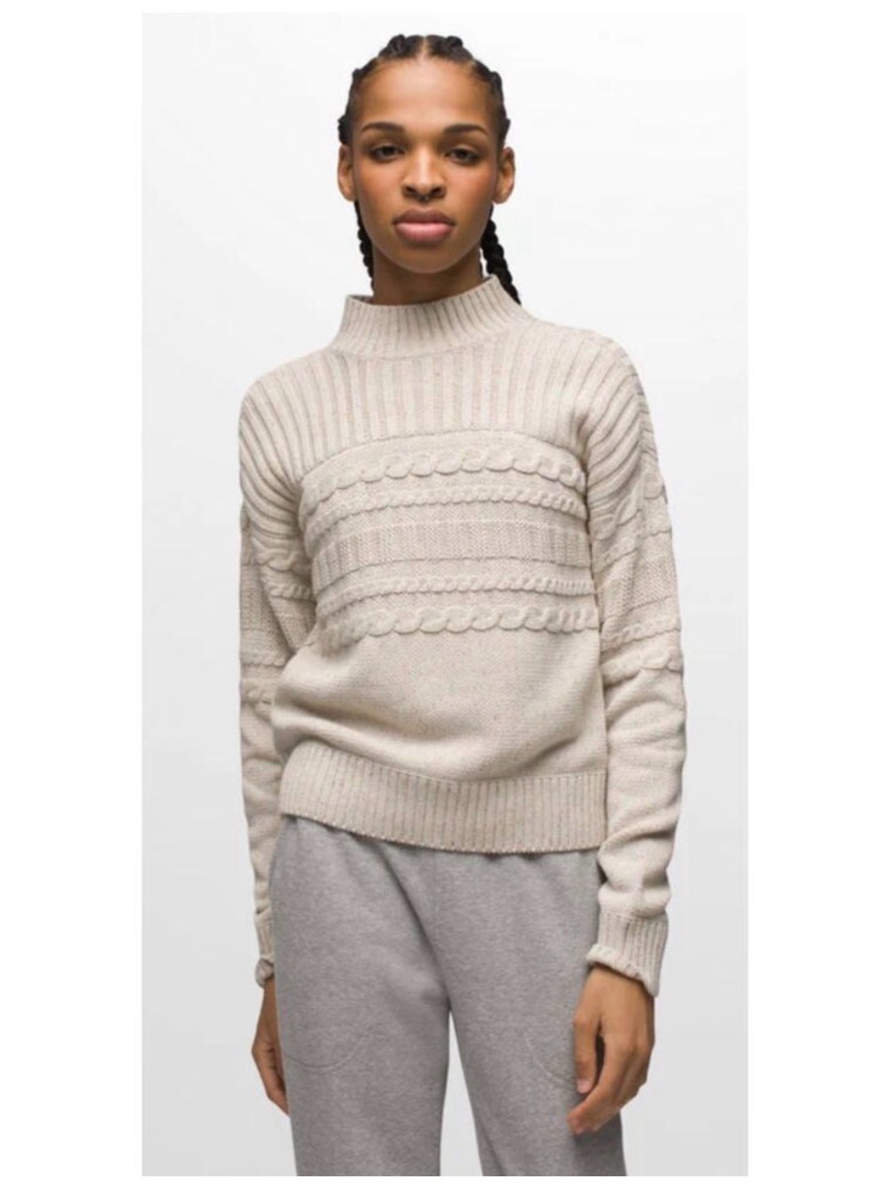 Prana Cream Cable-Knit Mock Neck Sweater
